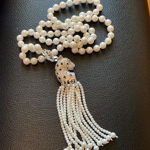 Gemstones Leopard Head Pearls Necklace Long Fringe 21.5 “length